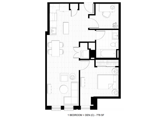 Floor plan for 1 bed, 1 bath, 778 sqft
